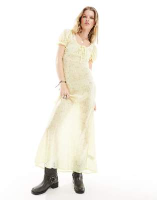 velvet burnout devore maxi dress in lemon-Yellow