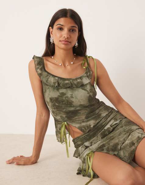 Kiss The Sky velvet frill edged co-ord top in green muti - view 1