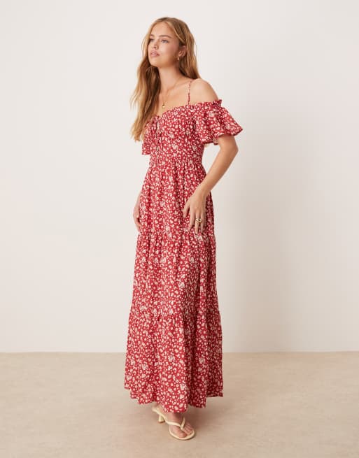 Kiss The Sky - Vestito midi a balze rosso a fiorellini con spalle scoperte