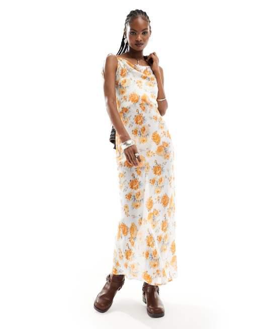Kiss The Sky - Vestito sottoveste lungo trasparente a fiori anni '90 con scollo ad anello 