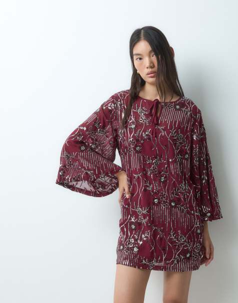 Kiss The Sky wide short sleeve mini dress with all over embellishment in burgundy