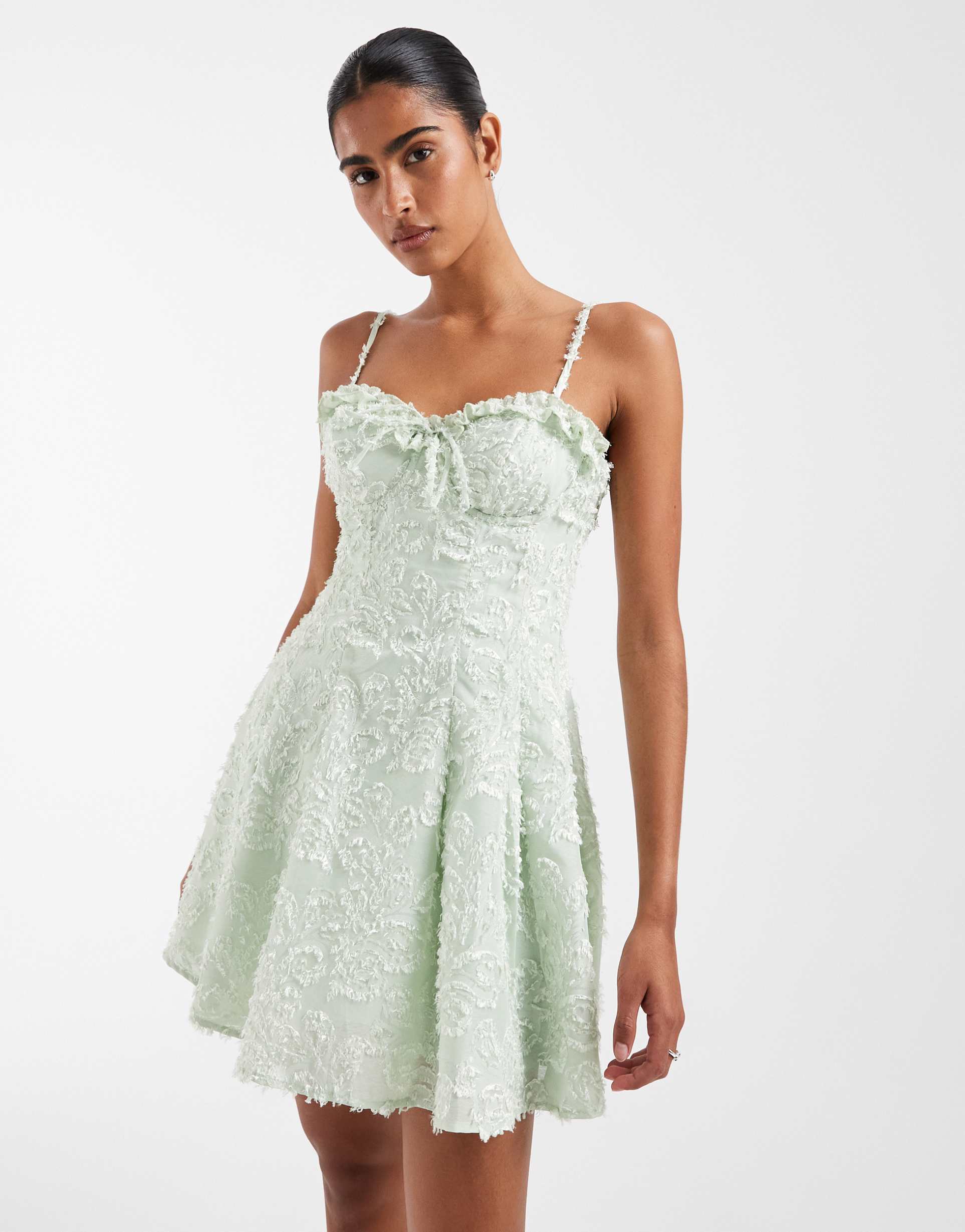 kiss the sky wild petals textured jacquard mini dress in mint