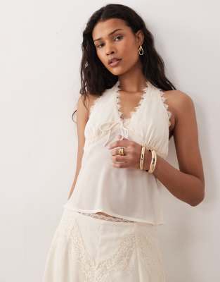 Kiss The Sky Yasmeen Chiffon Lace Halter Top In Neutral