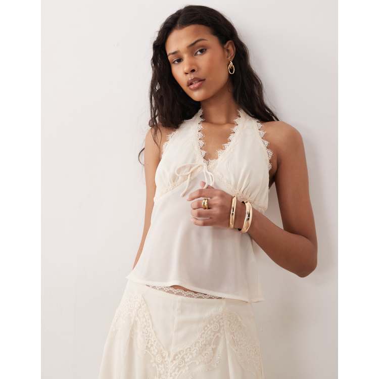 Kiss The Sky Yasmeen chiffon lace halter top in cream | ASOS