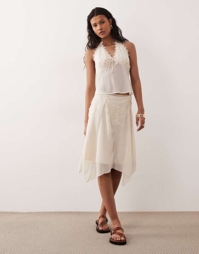 Kiss The Sky Yasmeen chiffon lace handkerchief hem skirt in cream