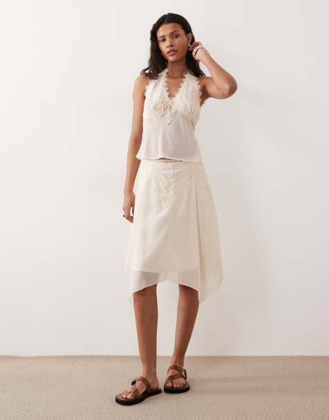 Kiss The Sky Yasmeen chiffon lace hanky hem skirt in cream