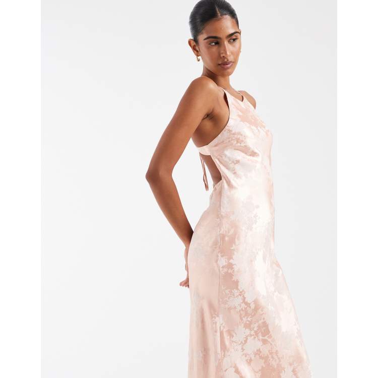 Kiss The Sky Yasmin satin jacquard midaxi dress in peach | ASOS
