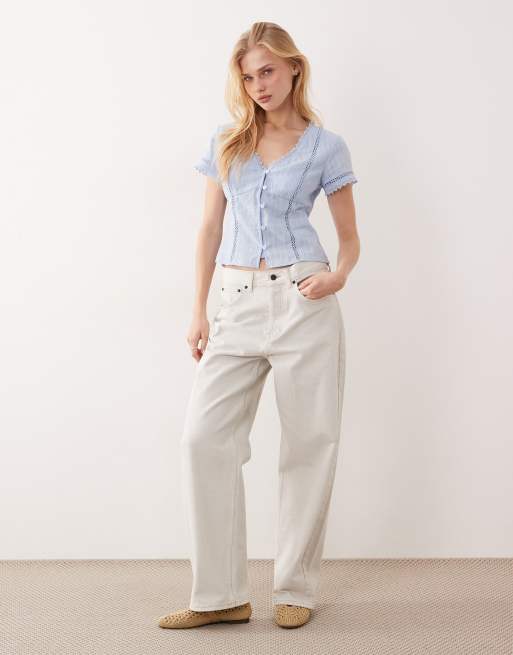 Kiss The Sky Zoe button up broderie top in blue, 3 of 4