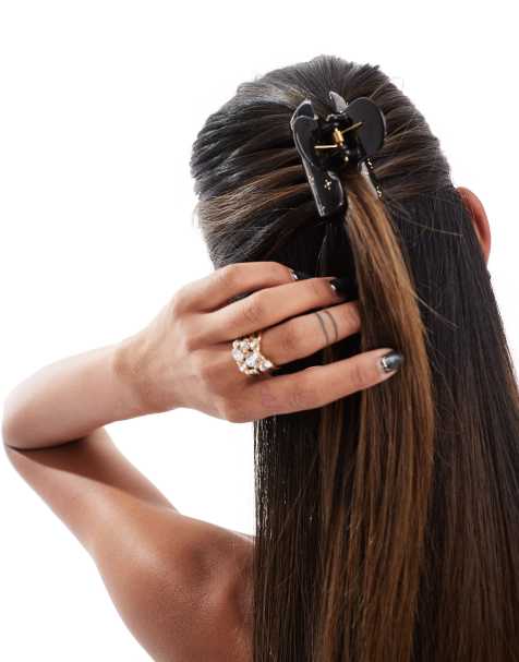 Kitsch - 1 pince à cheveux bombée taille moyenne en plastique à strass - Noir - view 1