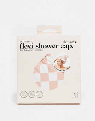 Bonnet de douche souple doublé de satin à carreaux - Terracotta-Pas de couleur