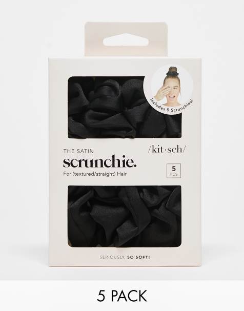 Kitsch - Set van 5 satijnen slaapscrunchies in zwart - view 1