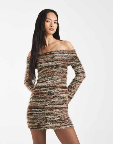 Kiwi & Co - Bibi - Bardot-minikjole i tekstureret strik i blandet kakigrønt garn - view 1