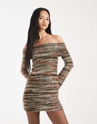 Bibi - Robe courte en maille texturée avec encolure bardot - Kaki mélangé-Vert L