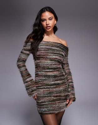 Kiwi & Co - Bibi - Strukturiertes Bardot-Minikleid aus Mixgarn-Strick in Khaki-Grün