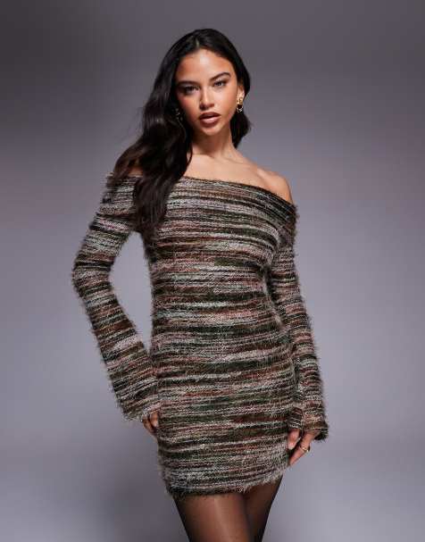 Kiwi & Co – Bibi – Strukturiertes Bardot-Minikleid aus Mixgarn-Strick in Khaki - view 1