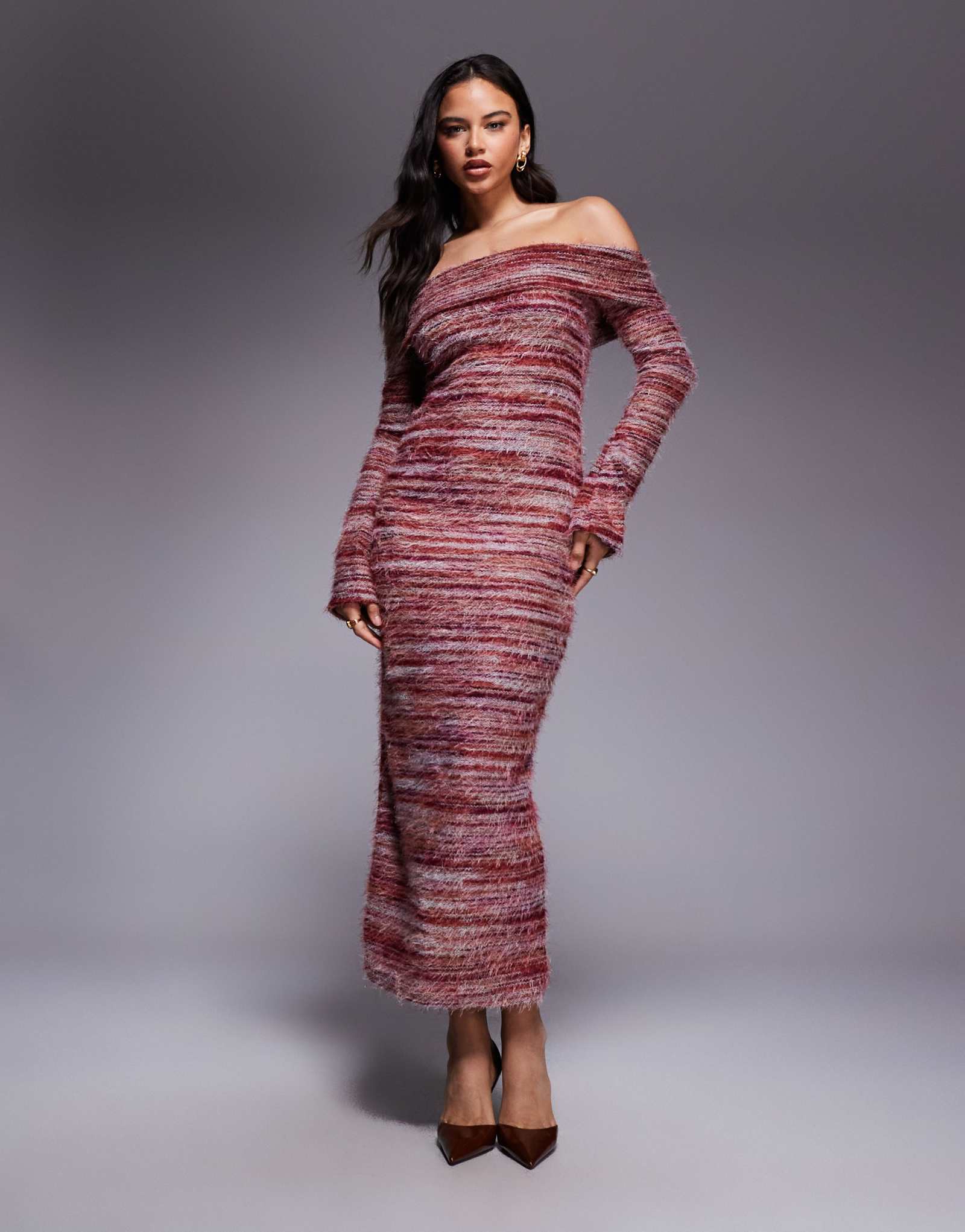 Макси-платье Kiwi & Co Bibi из фактурной вязки с открытыми плечами из смешанной пряжи цвета ржавчины