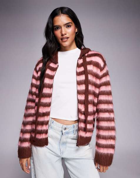 Kiwi & Co Brownie Blush fluffy knit hooded jumper in brown & pink stripe - view 1