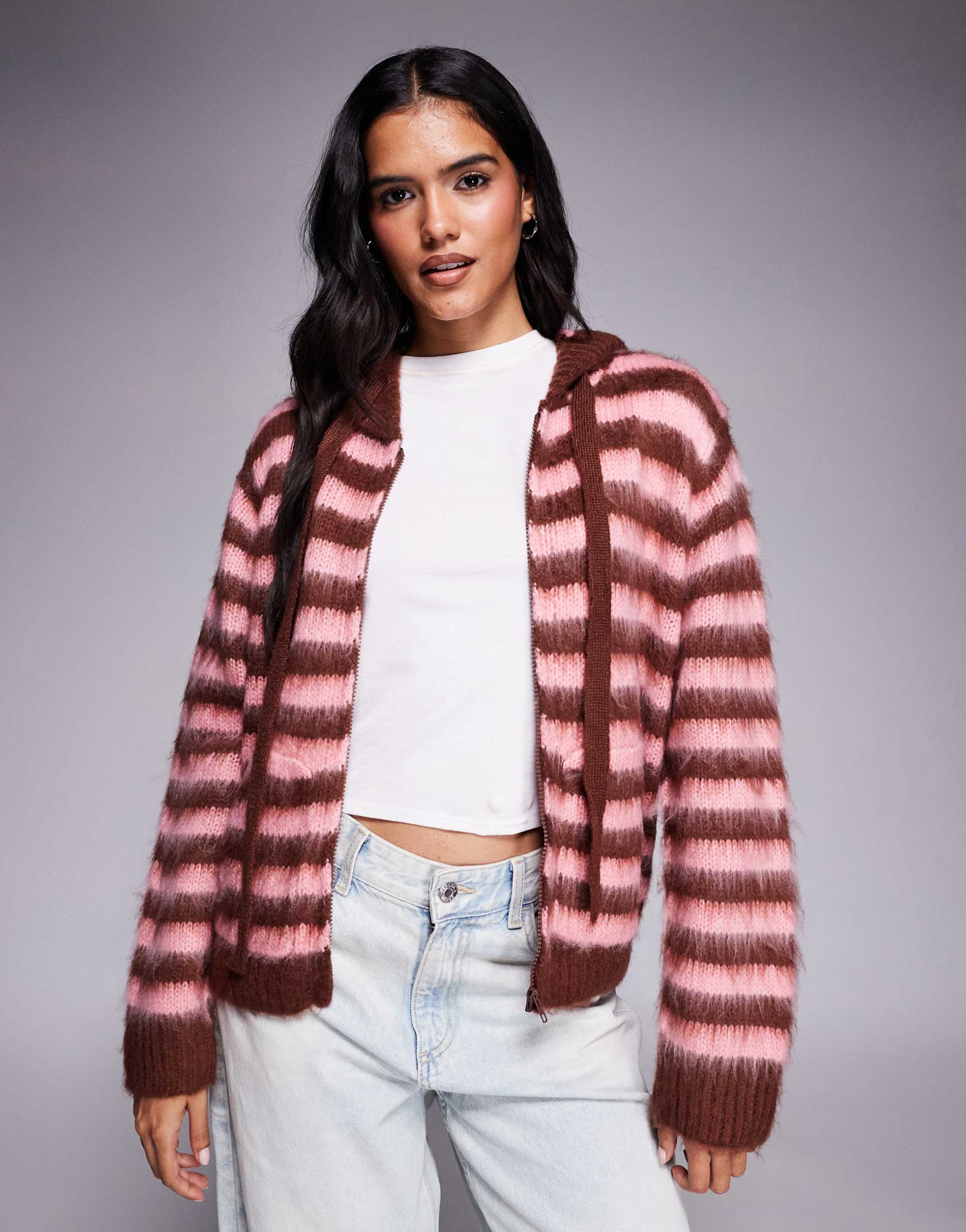 kiwi & co brownie blush fluffy knit hooded sweater in brown & pink stripes