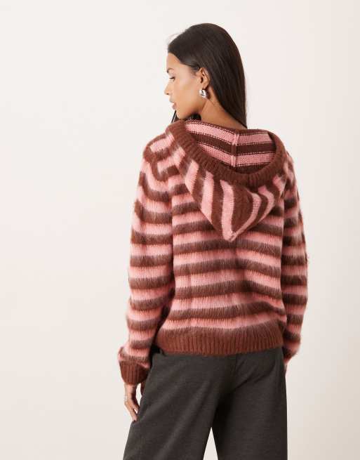 Kiwi & Co - Brownie Blush - Maglione soffice marrone e rosa a righe con cappuccio, 3 di 4