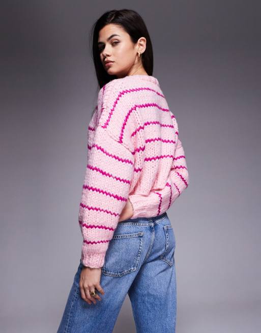 Kiwi & Co Candy chunky hand-knitted cropped drop shoulder jumper in pink stripe, 2 of 4