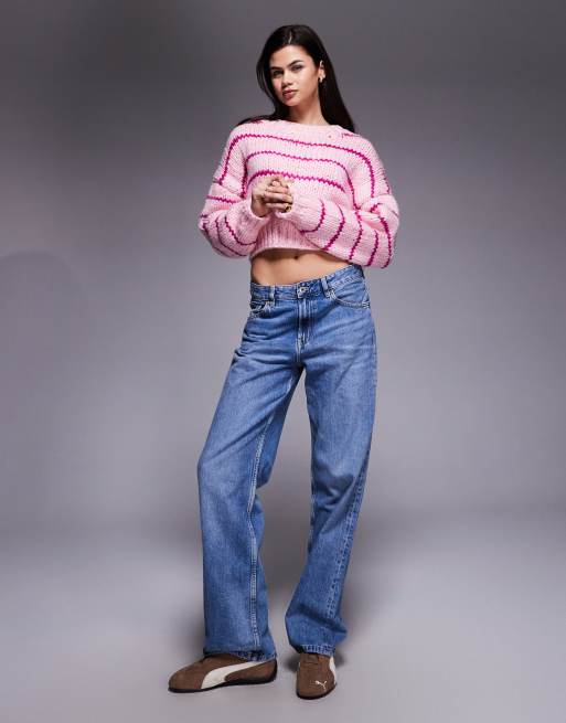 Kiwi & Co Candy chunky hand-knitted cropped drop shoulder jumper in pink stripe, 3 of 4
