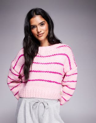 Kiwi & Co Kiwi & Co Candy hand knitted chunky knit cropped drop shoulder jumper in pink stripe