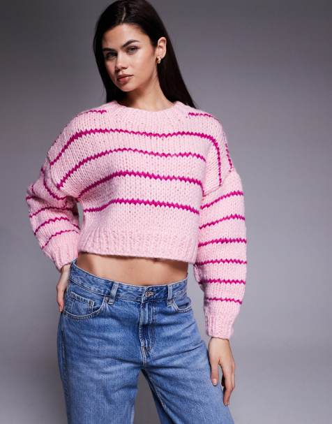 Kiwi & Co Candy hand knitted chunky knit cropped drop shoulder jumper in pink stripe