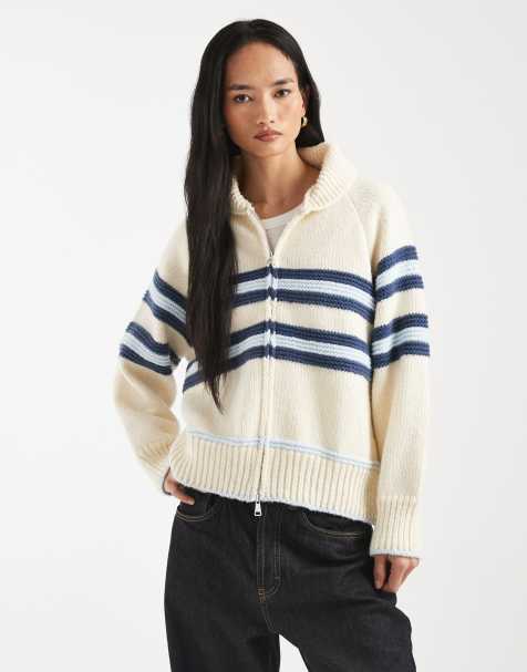 Kiwi & Co - Cardigan color crema e blu a righe con zip sul davanti e cappuccio - view 1