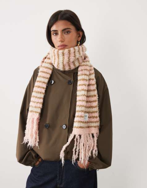 Kiwi & Co contains wool knitted boucle scarf in pastel pink stripe - view 1