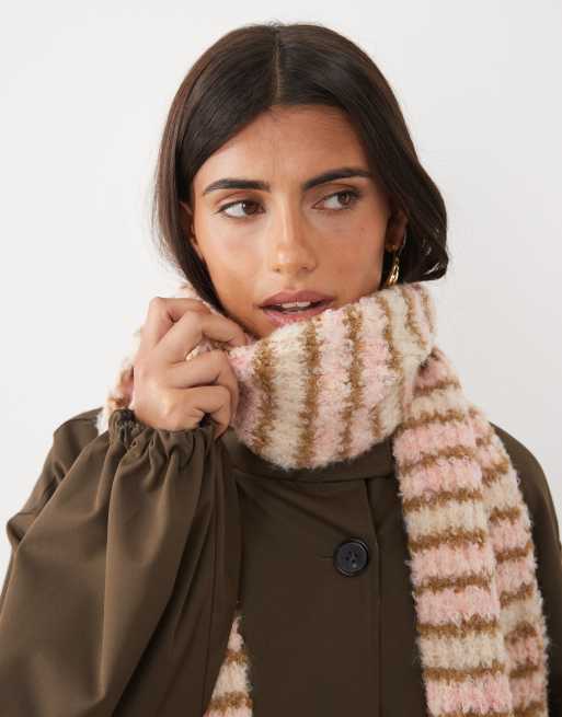 Kiwi & Co contains wool knitted boucle scarf in pastel pink stripe, 2 of 3