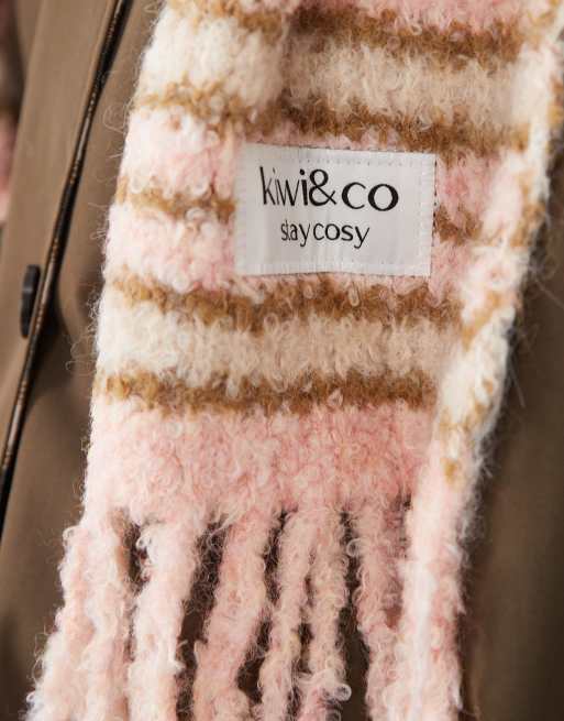 Kiwi & Co contains wool knitted boucle scarf in pastel pink stripe, 3 of 3