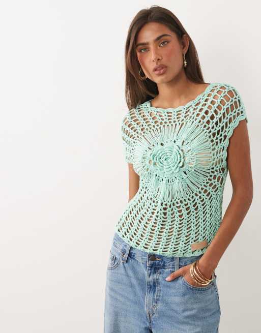 Kiwi & Co - Cora - Top turquesa con patrón floral calado de croché cosido a mano, 2 de 5