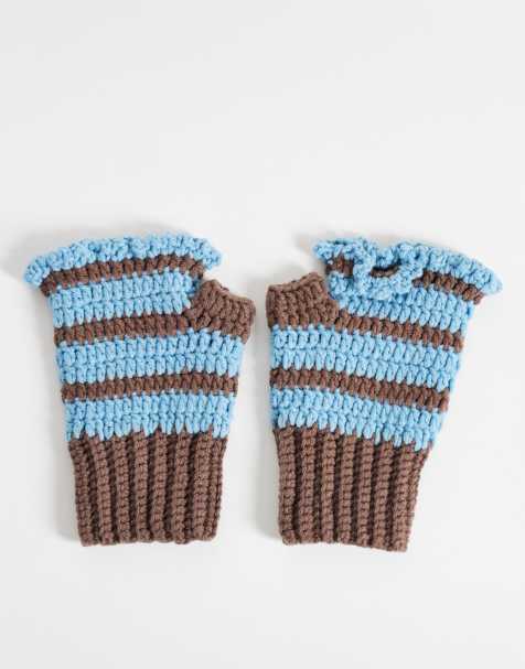 Kiwi & Co crochet ruffle edge fingerless gloves in chocolate & blue - view 1