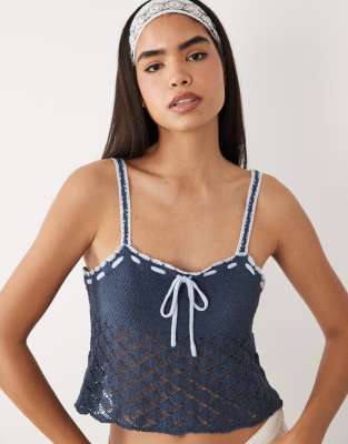Kiwi & Co crochet tie front detail cami top in navy