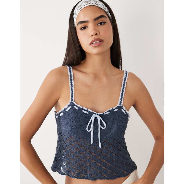 Kiwi & Co crochet tie front detail cami top in navy | ASOS