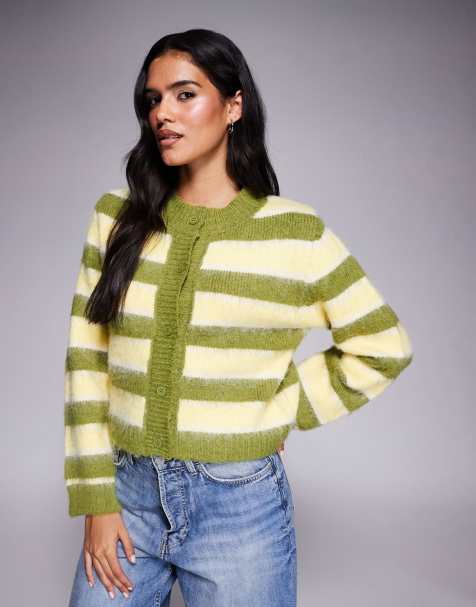 Kiwi & Co Darling contains wool fluffy knit button through cardigan in green & yellow - view 1