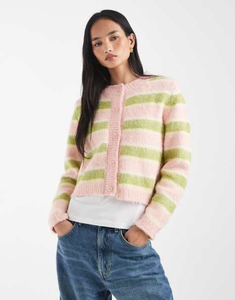 Kiwi & Co Darling contains wool fluffy knit button through cardigan in pink & lime