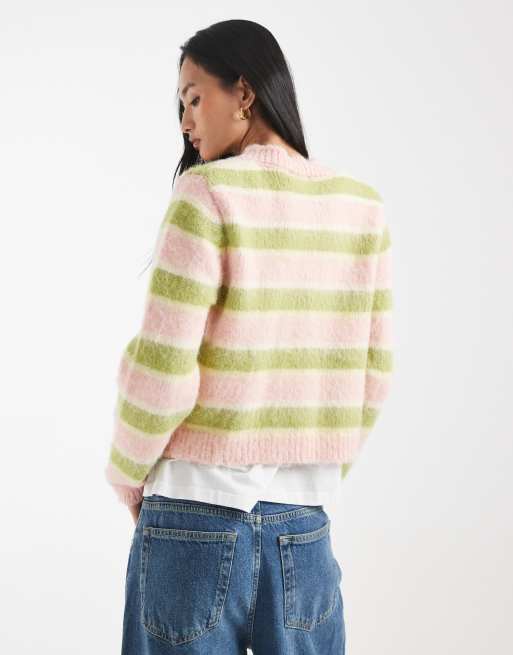 Kiwi & Co Darling contains wool fluffy knit button through cardigan in pink & lime, 3 of 5