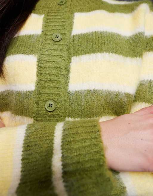 Kiwi & Co Darling contains wool fluffy knit button up cardigan in green & yellow, 2 of 4