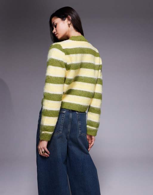 Kiwi & Co Darling contains wool fluffy knit button up cardigan in green & yellow, 3 of 4