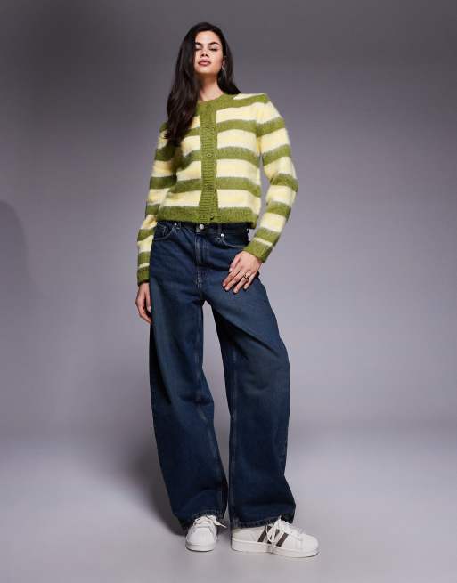 Kiwi & Co Darling contains wool fluffy knit button up cardigan in green & yellow, 4 of 4