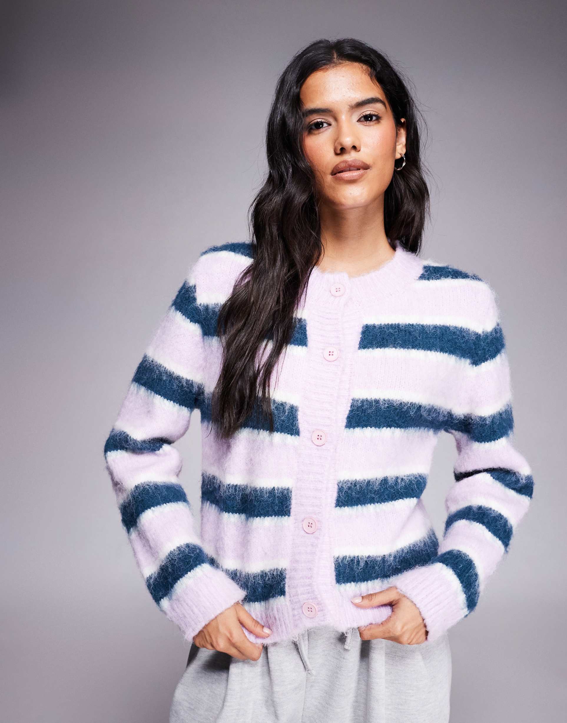 kiwi & co darling contains wool fluffy knit button up cardigan in lilac & navy