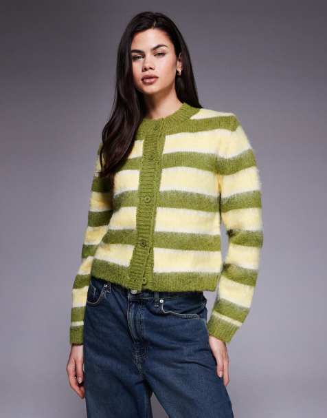 Kiwi & Co Darling contains wool fluffy knit button through cardigan in green & yellow
