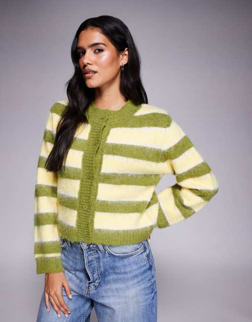 Kiwi & Co Darling fluffy knit button through cardigan in green & yellow