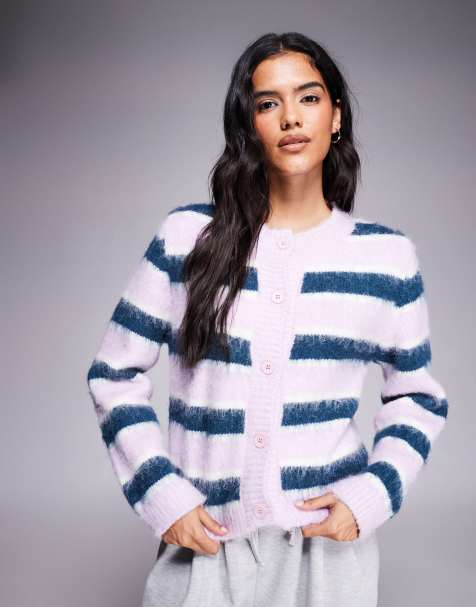 Kiwi & Co Darling fluffy knit button through cardigan in lilac & navy - view 1