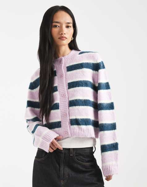 Kiwi & Co Darling contains wool fluffy knit button through cardigan in lilac & navy