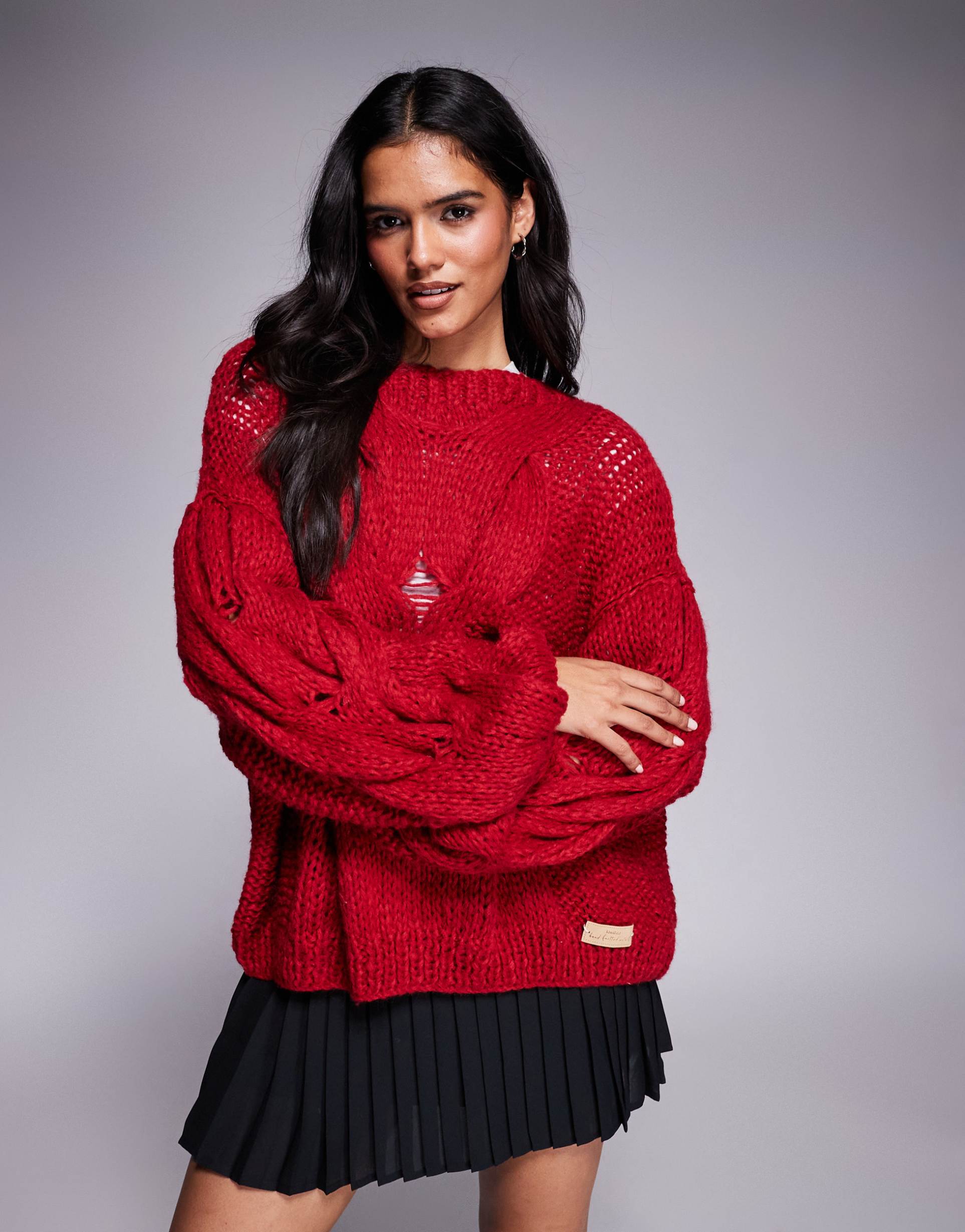kiwi & co daydream contains wool hand knitted oversized slouchy cable knit detail balloon sleeve sweater in red