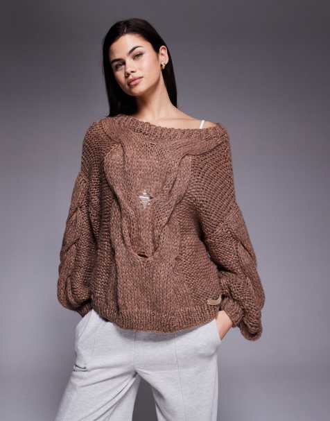 Kiwi & Co Daydream contains wool hand knitted oversized slouchy cable knit detail balloon sleeve jumper in mocha