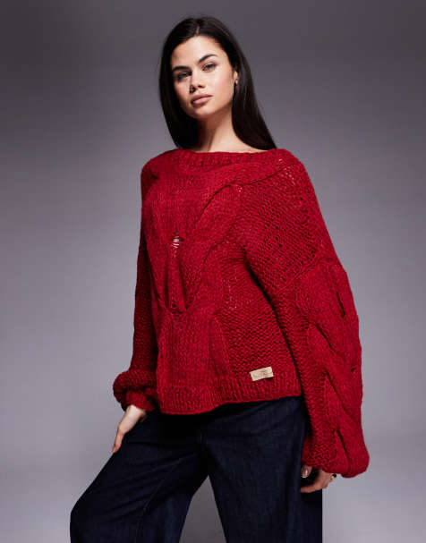 Kiwi & Co Daydream contains wool hand knitted oversized slouchy cable knit detail balloon sleeve jumper in red