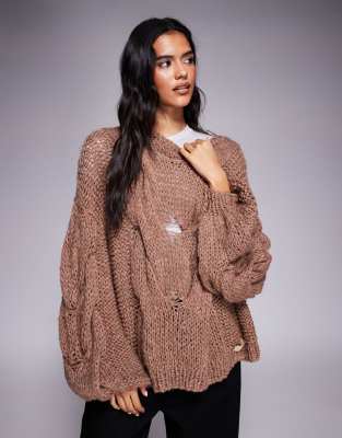 Kiwi & Co - Daydream - Lockerer, handgestrickter Oversize-Pullover in Mokka mit Zopfmuster und Ballonärmeln, enthält Wol...